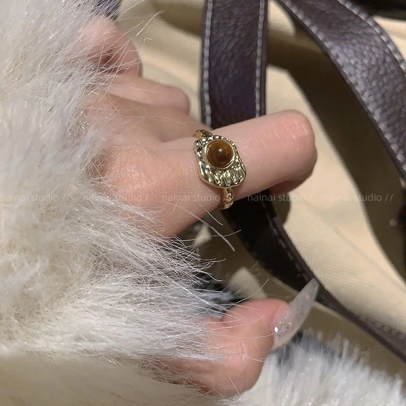 Vintage Tiger Eye Open Ring For Women, Maillard Retro Niche Design High-End Index Finger Ring