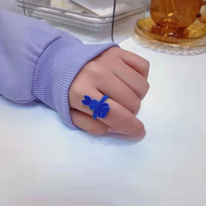 Cute Blue Flocked Bear Open Ring, Sweet INS Style All-match Adjustable Finger Ring