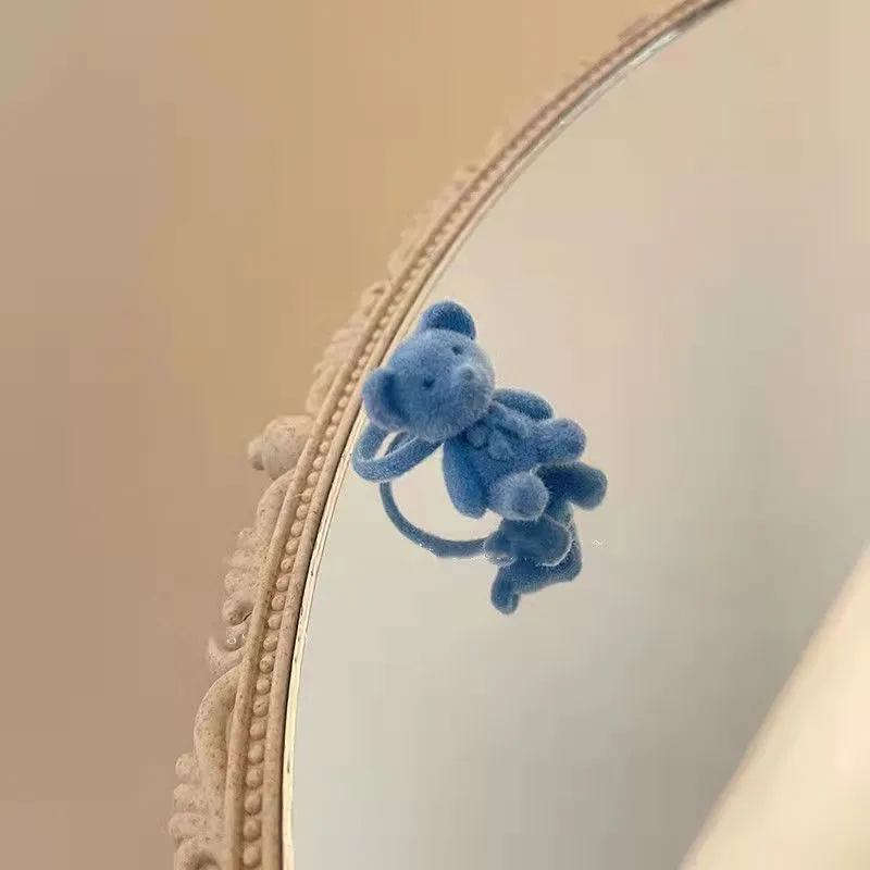 Cute Blue Flocked Bear Open Ring, Sweet INS Style All-match Adjustable Finger Ring