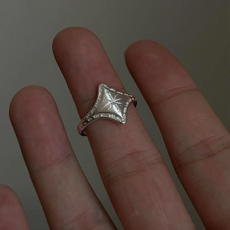 Vintage Cold Style Silver Brushed Star Ring, Retro Fashion All-Match Personalized Heavy Carved Gold Index Finger Ring