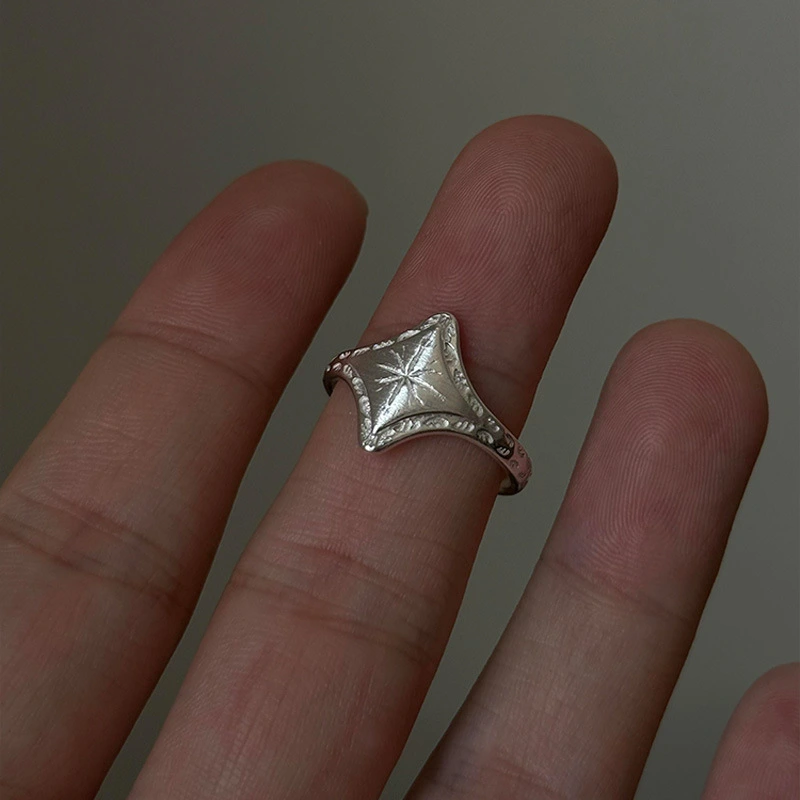 Vintage Cold Style Silver Brushed Star Ring, Retro Fashion All-Match Personalized Heavy Carved Gold Index Finger Ring