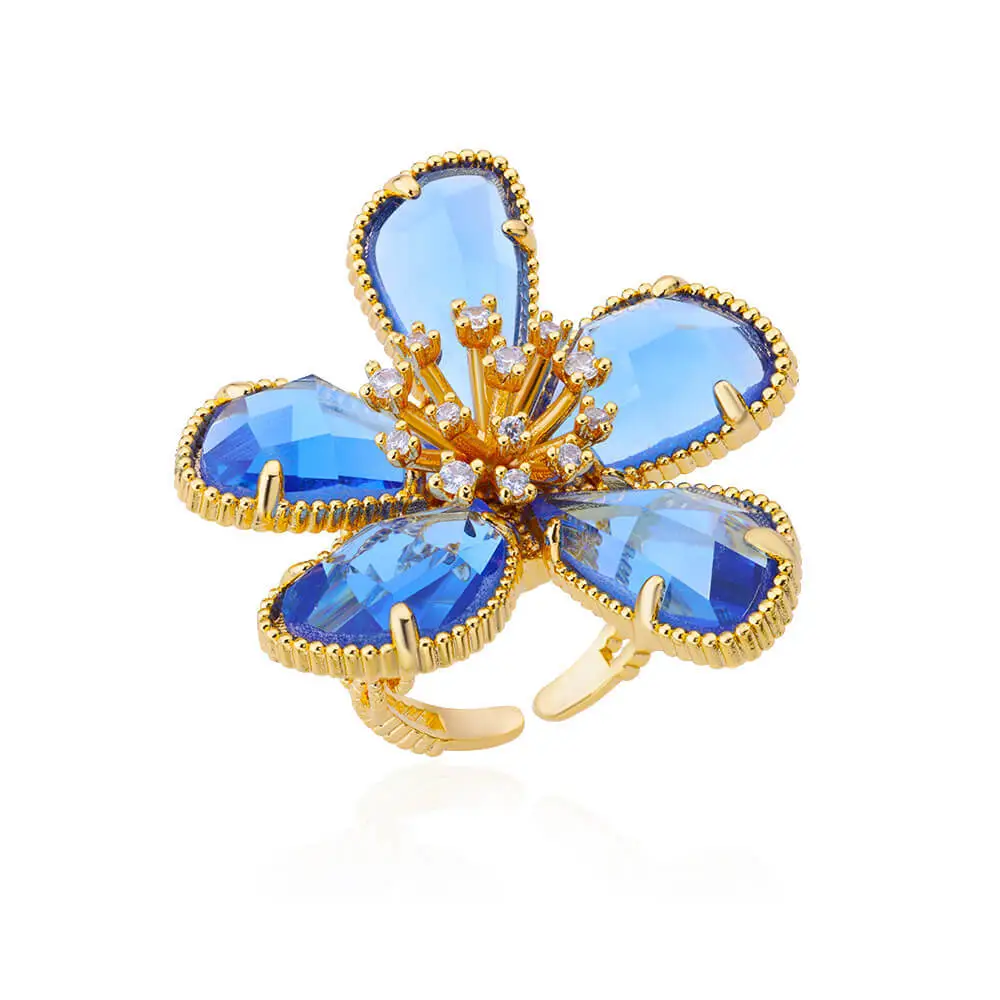 Noble Blue Zircon Full Setting Ring 18K Gold Plated Female Finger Accessory