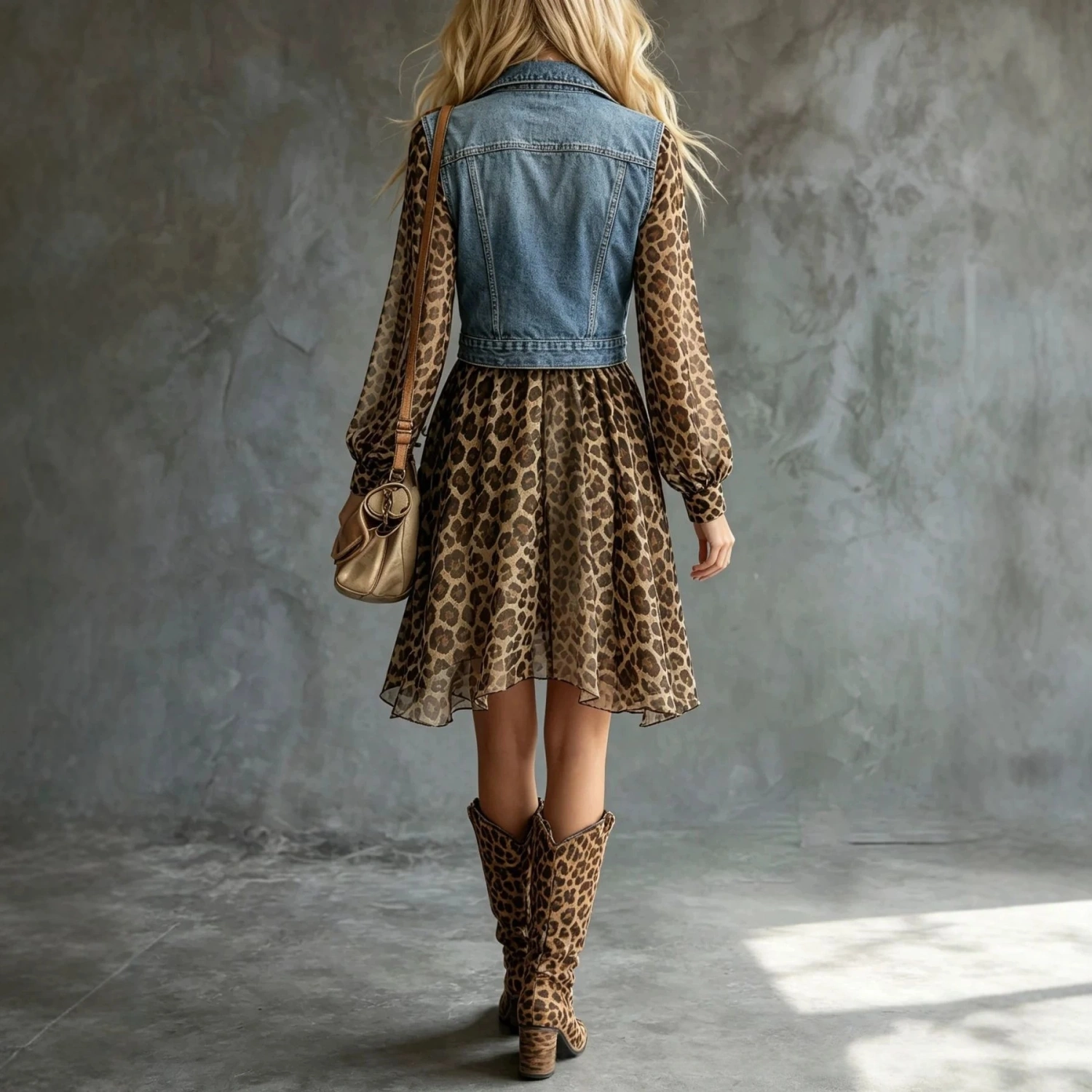 Chic Denim-look Chiffon Printed Patchwork Dress