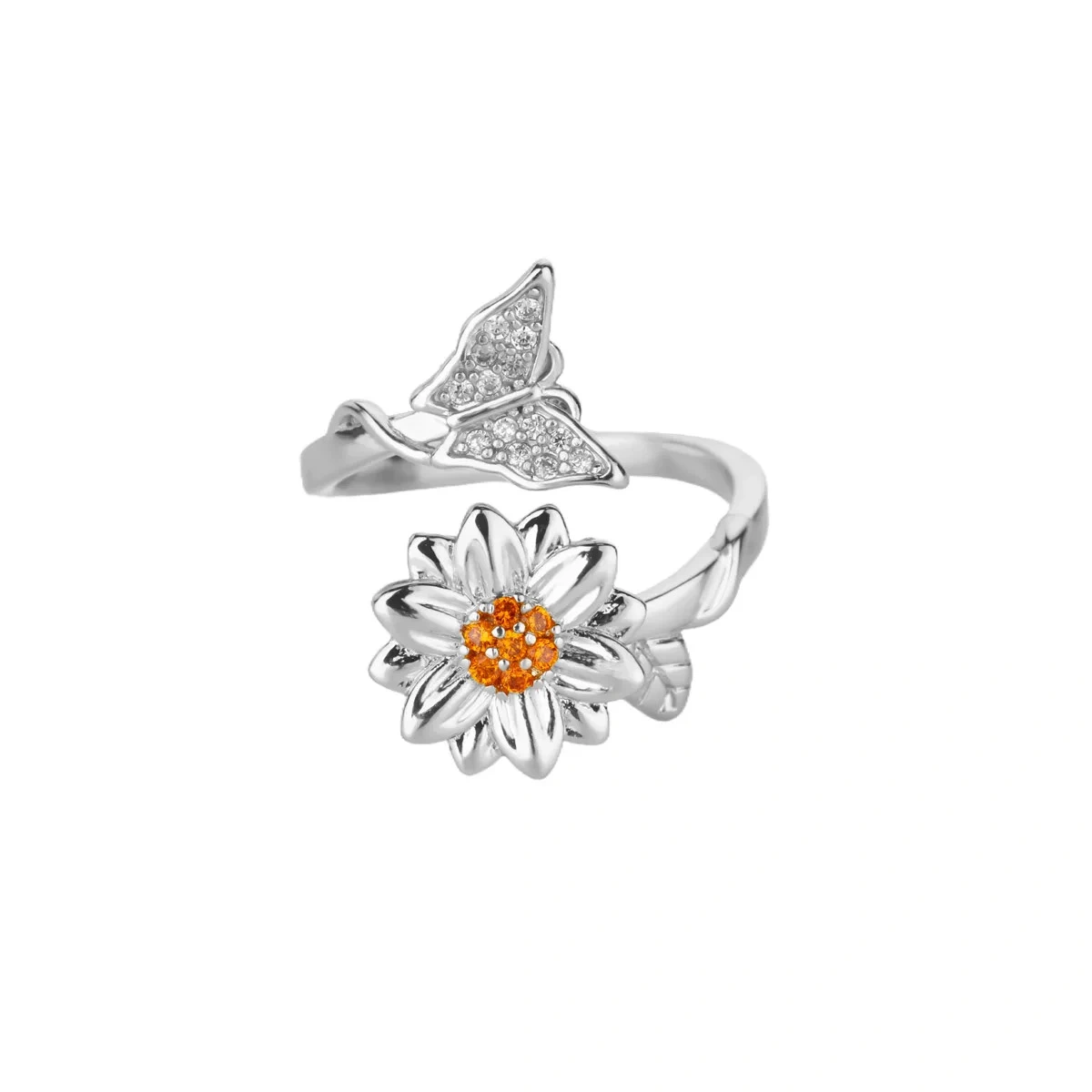 Rotatable Full Diamond Flower Ring 18K Gold Plated Anxiety Relief Open Finger Ring
