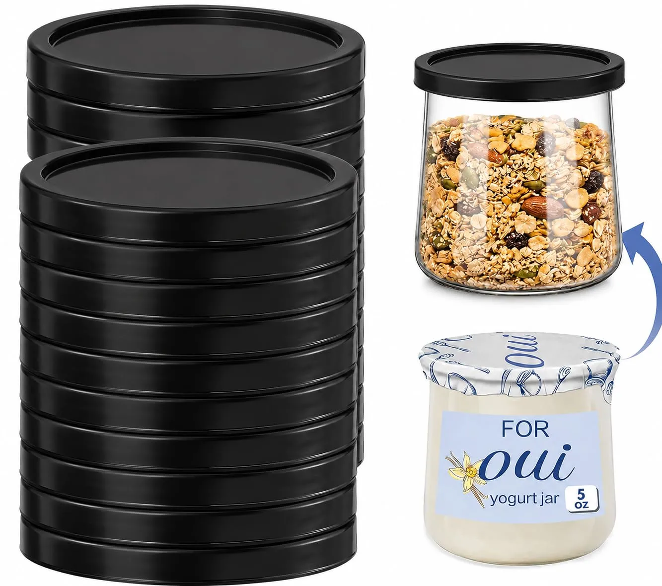 15 Pack Yogurt Jar Lids, BPA-Free Yogurt Container Jar Lids, Reusable Clear Plastic Jar Lids, Ideal for Oui Yogurt Jars, Glass Jars, Replacement Compatible (Black)