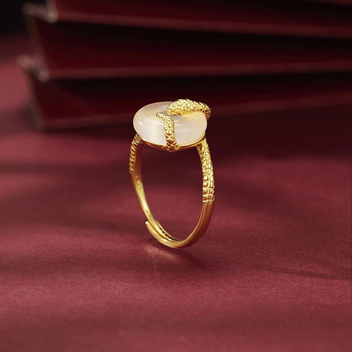 S925 Sterling Silver New Chinese Style Snake Wrapped Jade Safety Buckle Ring, Donut High Ice Chalcedony Zodiac Snake Ring For Women