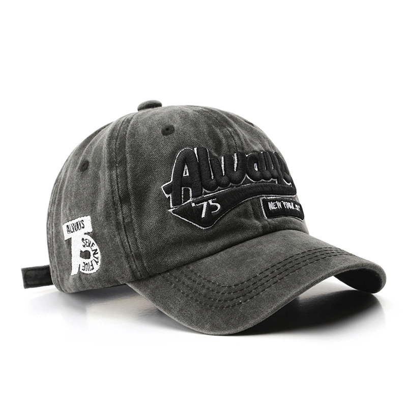 Monochrome Three-dimensional Letter Embroidery Washed-out Distressed Retro Street Style Peaked Cap. Suitable For Outdoor Travel And Shopping.