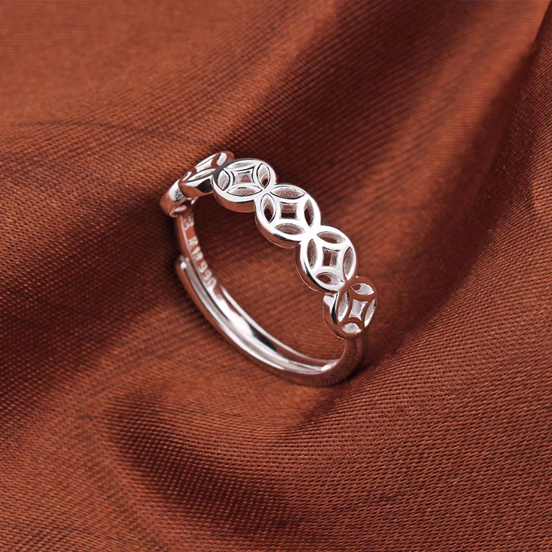 1pc 999 Sterling Silver Hollow Coin Open Ring, Retro Lucky Charm Style, Perfect For Daily Wear & Valentine's Day Gift