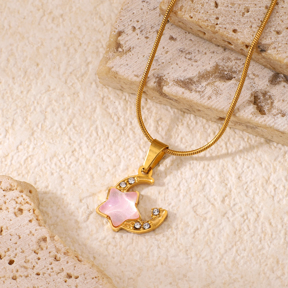 Stainless Steel Moon-shaped Pendant Necklace With Rhinestone Inlay