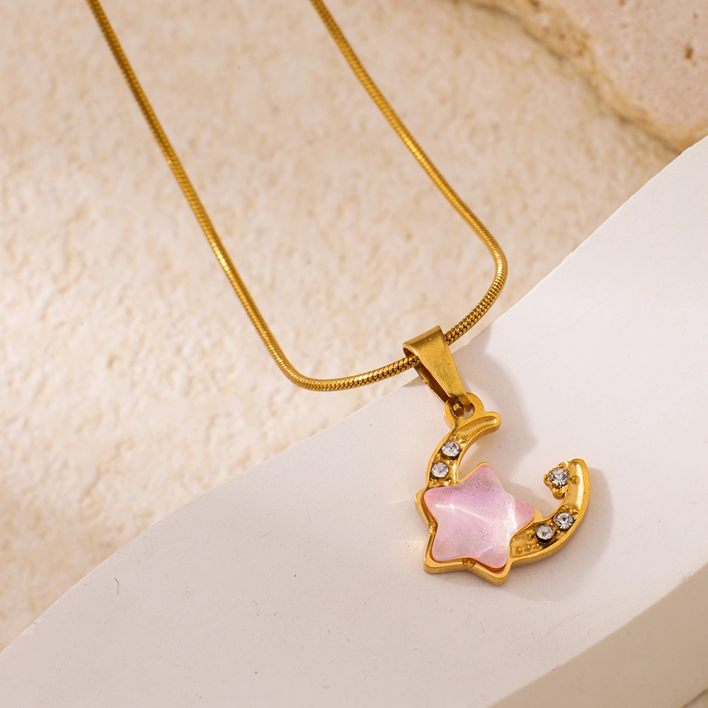 Stainless Steel Moon-shaped Pendant Necklace With Rhinestone Inlay