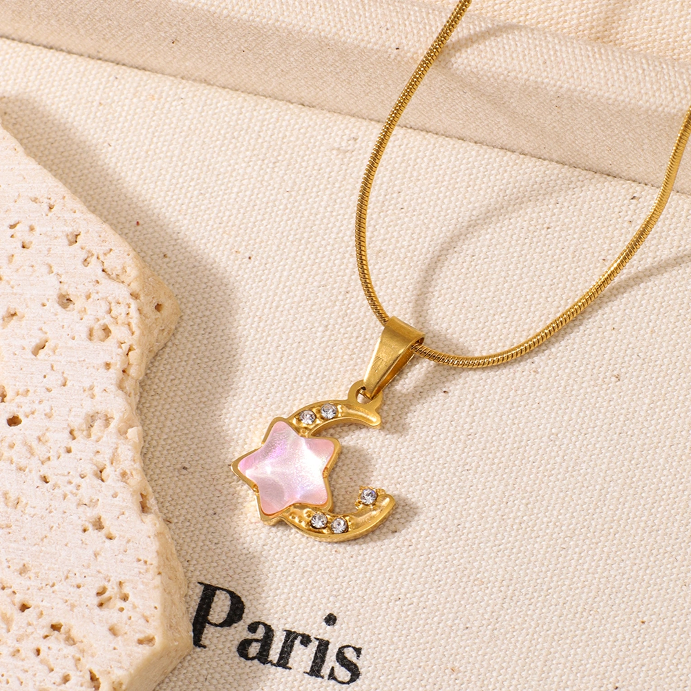 Stainless Steel Moon-shaped Pendant Necklace With Rhinestone Inlay