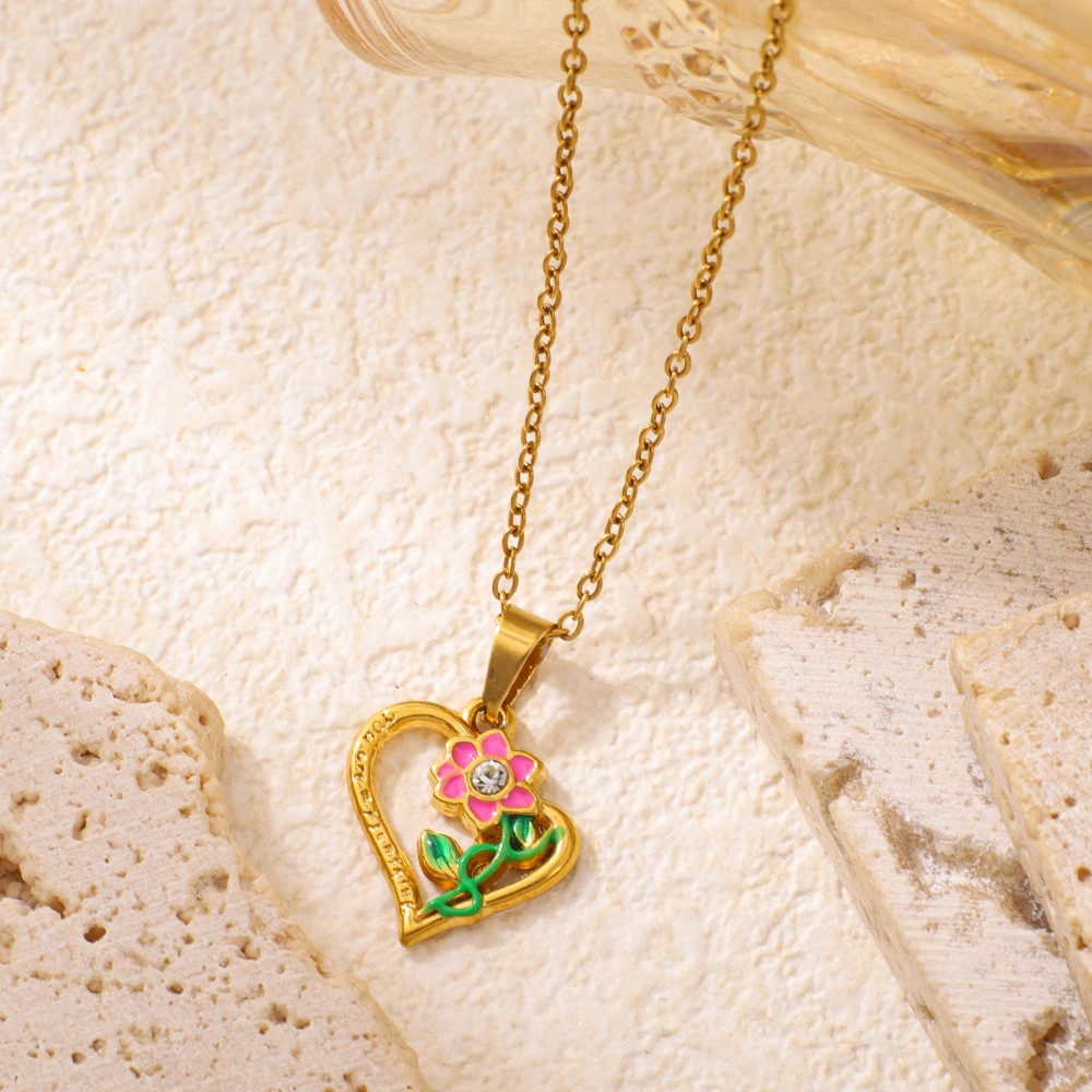 Stainless Steel Oil-dripping Heart-shaped Flower Pendant Necklace