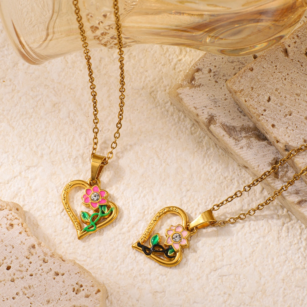 Stainless Steel Oil-dripping Heart-shaped Flower Pendant Necklace