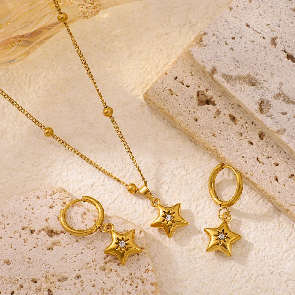 Stainless Steel Inlaid Rhinestone Series Pendant Necklace Earring Set