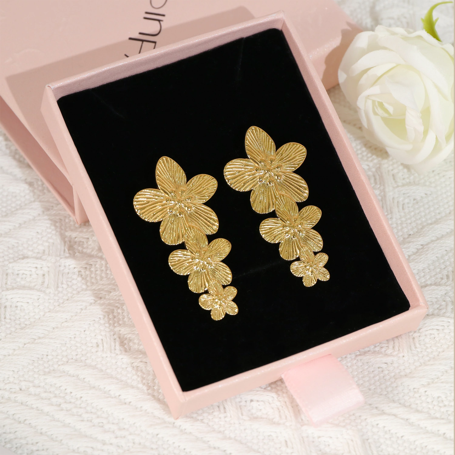 Stainless Steel Connecting Golden Petal Stud Earrings