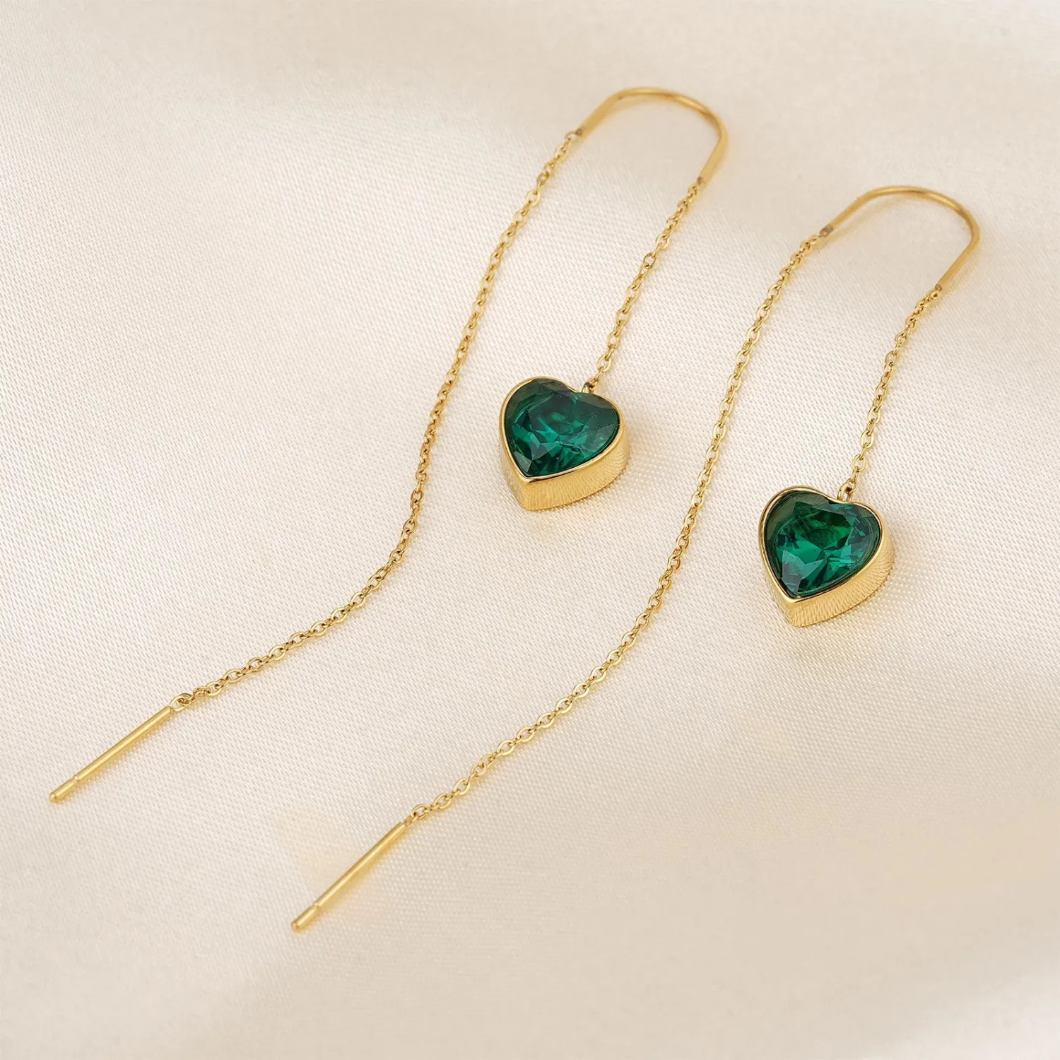 Heart-shaped Stainless Steel Earrings Inlaid With Green Zircons
