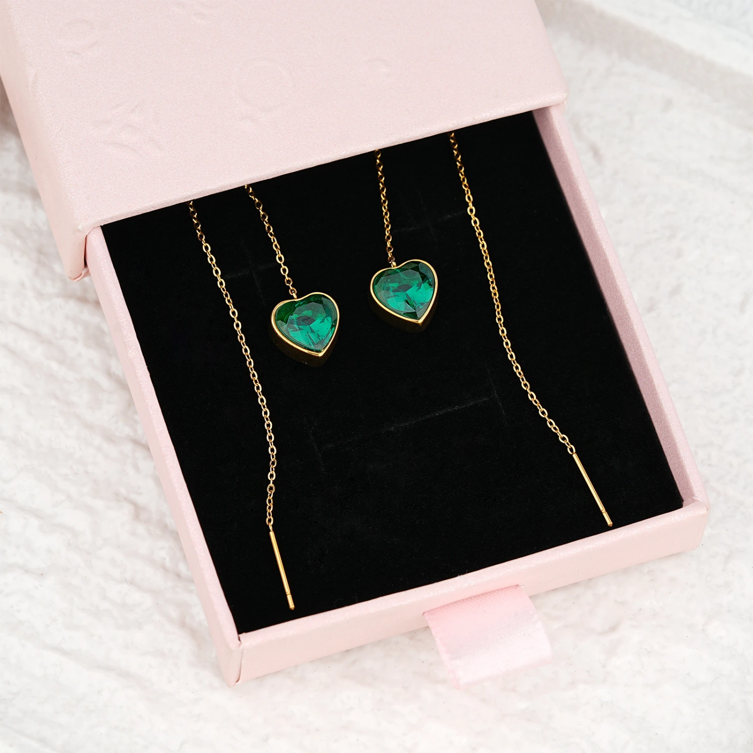 Heart-shaped Stainless Steel Earrings Inlaid With Green Zircons