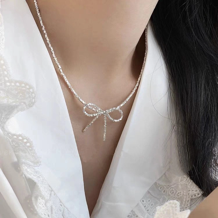 1 Set 999 Sterling Silver Bow Necklace And Bracelet Set, Shiny Minimalist Style, Perfect For Daily Wear And Valentine's Gift