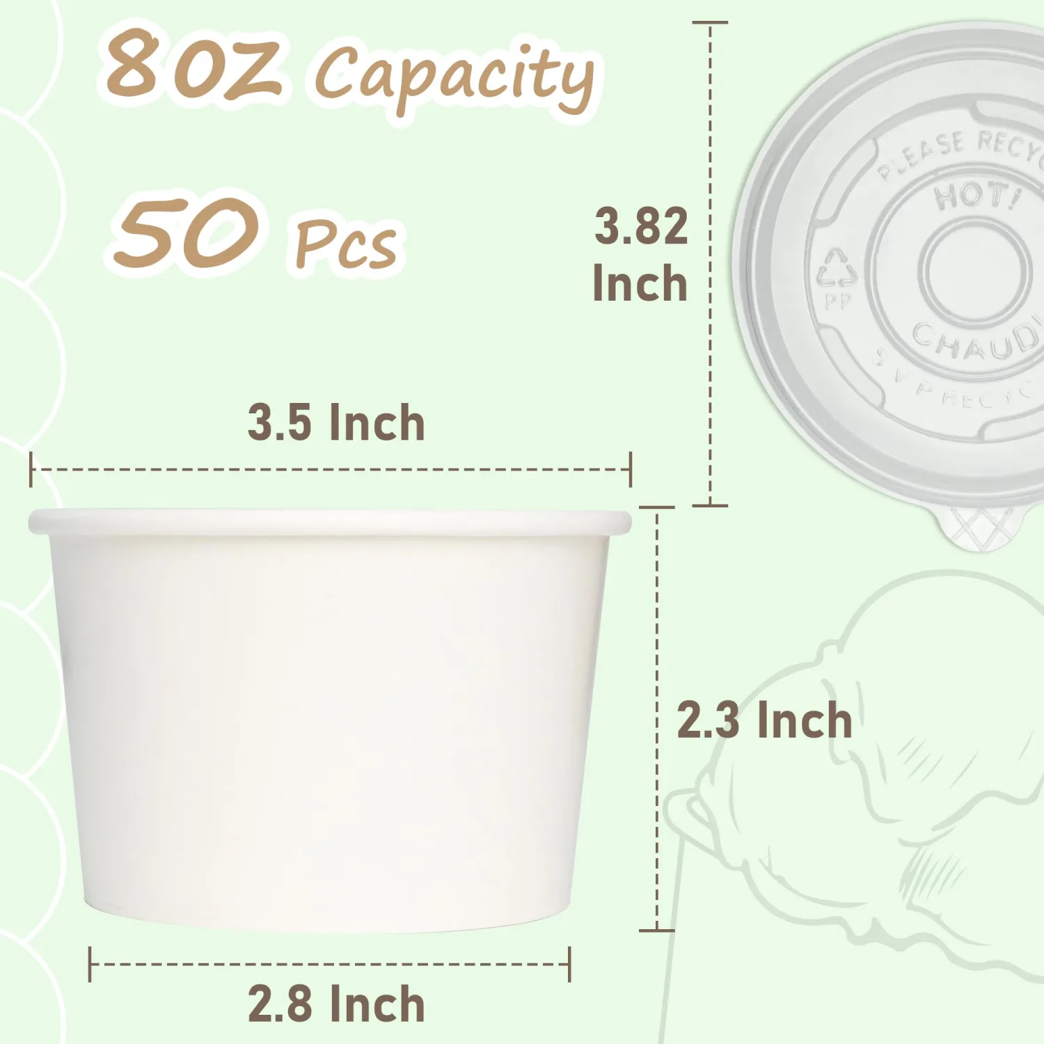 ESSENTIAL Paper Ice Cream Cups with Lids, 50pcs 8oz Disposable Dessert Bowls with Lids for Hot or Cold Food, Paper Snack Containers for Sundae, Frozen Yogurt, Soup (White)