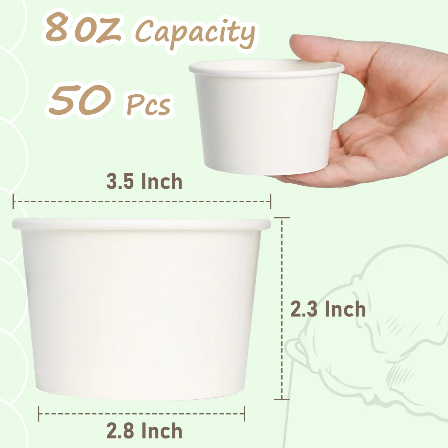 ESSENTIAL Paper Ice Cream Cups, 50pcs 8oz Disposable Dessert Bowls for Hot or Cold Food, Lids Not Included, Paper Snack Containers for Sundae, Frozen Yogurt, Soup (White)
