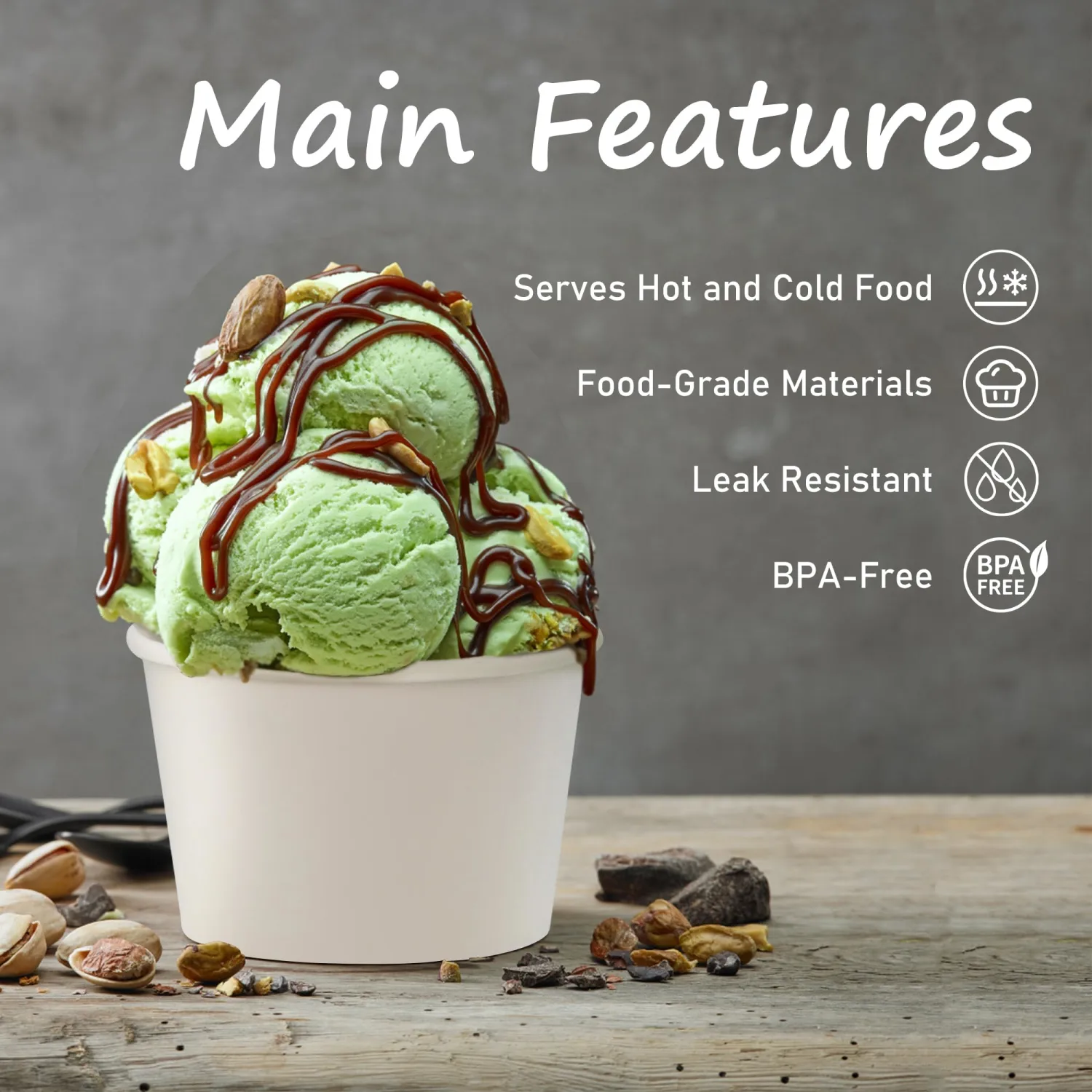 ESSENTIAL Paper Ice Cream Cups, 50pcs 8oz Disposable Dessert Bowls for Hot or Cold Food, Lids Not Included, Paper Snack Containers for Sundae, Frozen Yogurt, Soup (White)