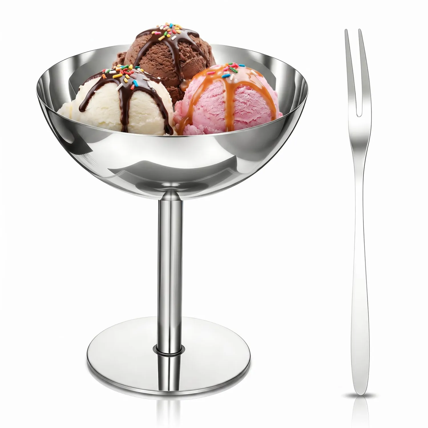 Ice Cream Cup, Stainless Steel Reusable Silver Dessert Cup Round Footed Yogurt Bowl for Salad Sundae Fruit Christmas Party, 4.3×3.9×2.4inch