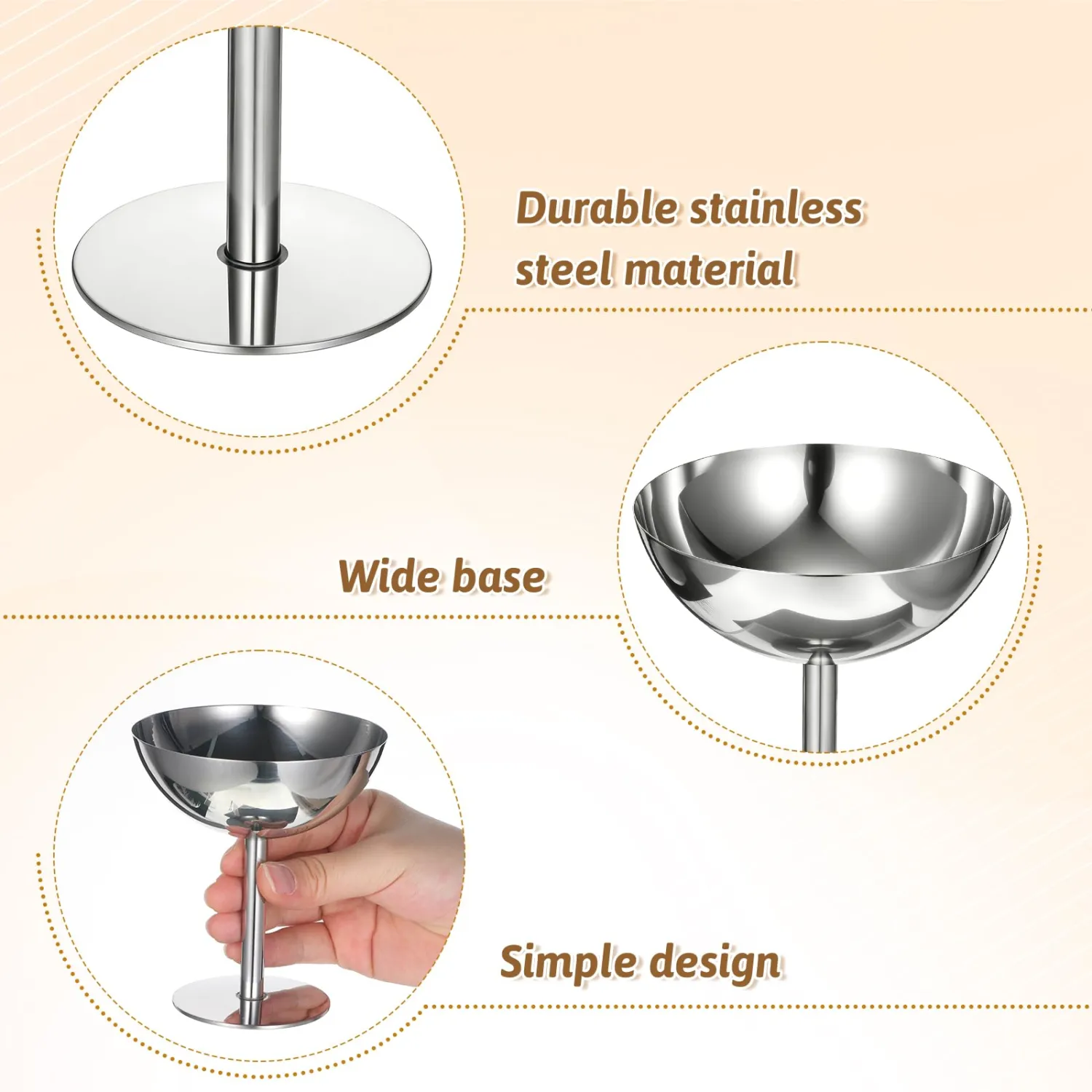 Ice Cream Cup, Stainless Steel Reusable Silver Dessert Cup Round Footed Yogurt Bowl for Salad Sundae Fruit Christmas Party, 4.3×3.9×2.4inch