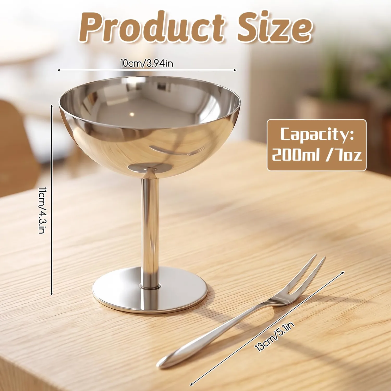 Ice Cream Cup, Stainless Steel Reusable Silver Dessert Cup Round Footed Yogurt Bowl for Salad Sundae Fruit Christmas Party, 4.3×3.9×2.4inch