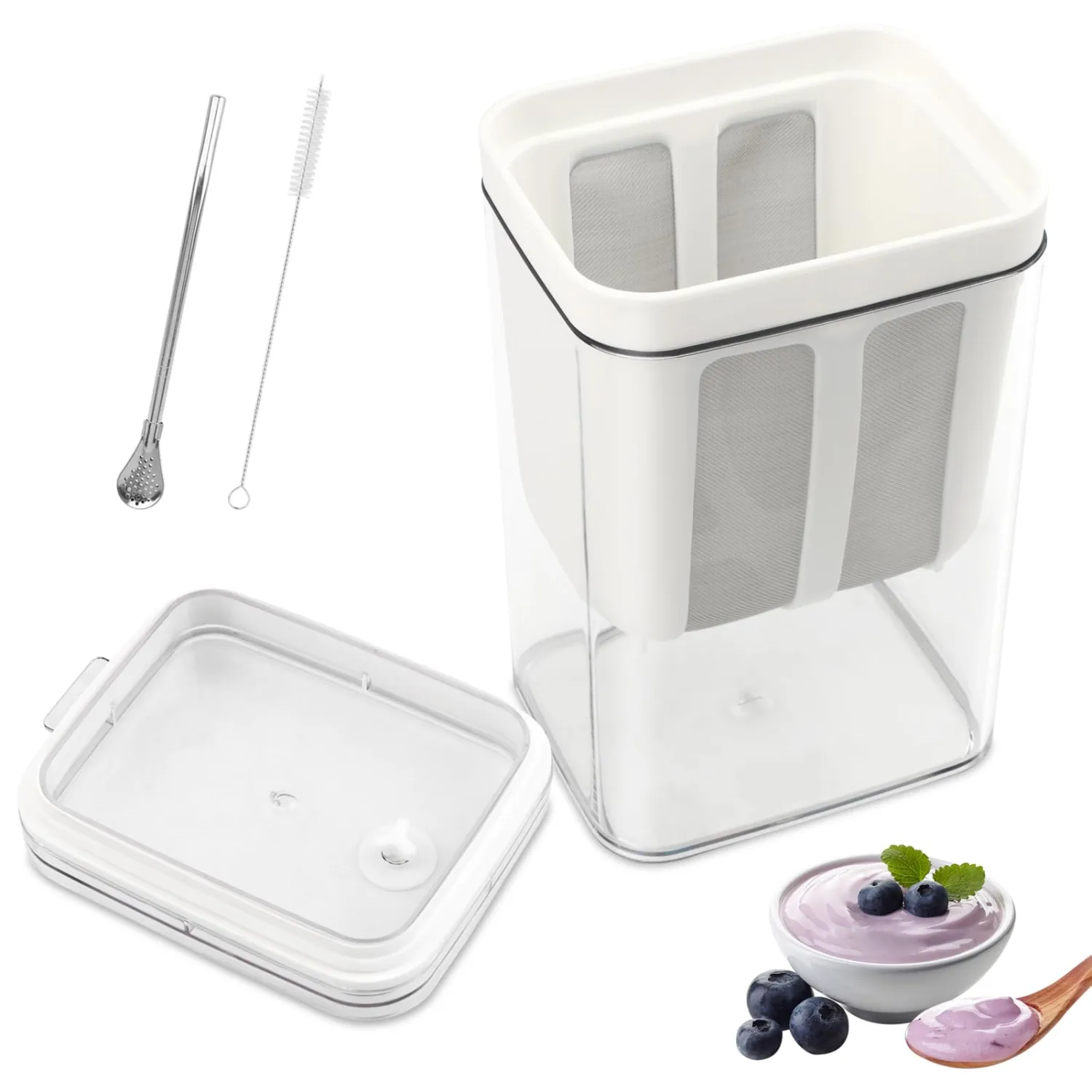 1800ml(1.90Quarts) Greek Yogurt Strainer with Straw Spoon & Brush, Multi Yoghurt Maker Strainer with Fine Mesh Bag & Lid Greek Yogurt Maler forFits Nut Milk,Juice,Kefir,Tofu