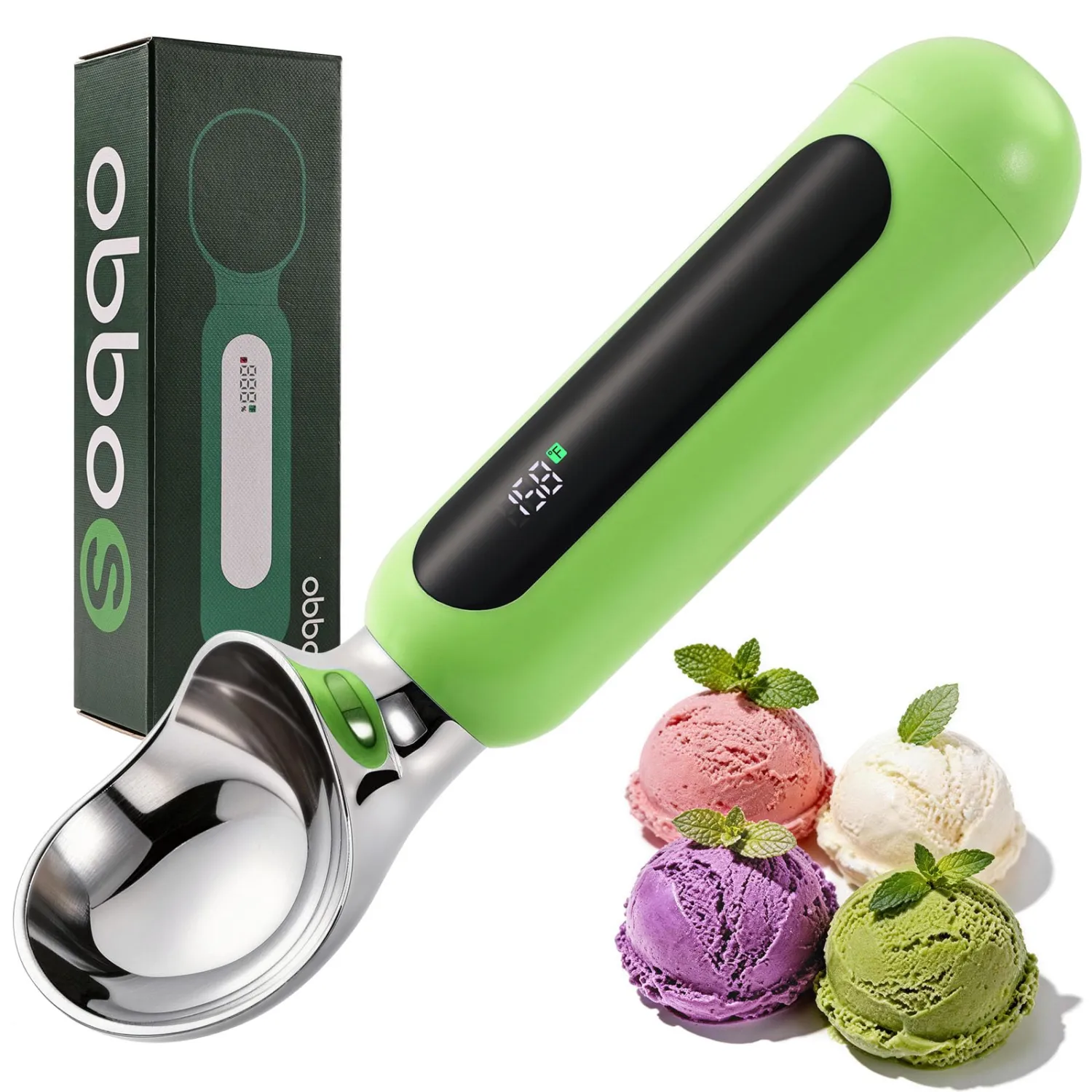 Heated Ice Cream Scoop, Rechargeable Electric Ice Cream Scoop with Touch-Activated Heating, LED Display, 2oz Scoop Head, Heats to 158°F, Auto Shut-Off, IP67 Rated for Hard Ice Cream & Gelato(Green)