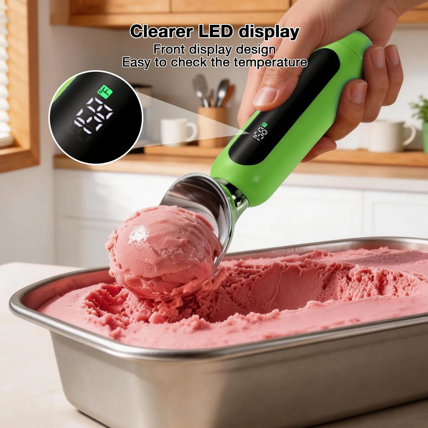 Heated Ice Cream Scoop, Rechargeable Electric Ice Cream Scoop with Touch-Activated Heating, LED Display, 2oz Scoop Head, Heats to 158°F, Auto Shut-Off, IP67 Rated for Hard Ice Cream & Gelato(Green)