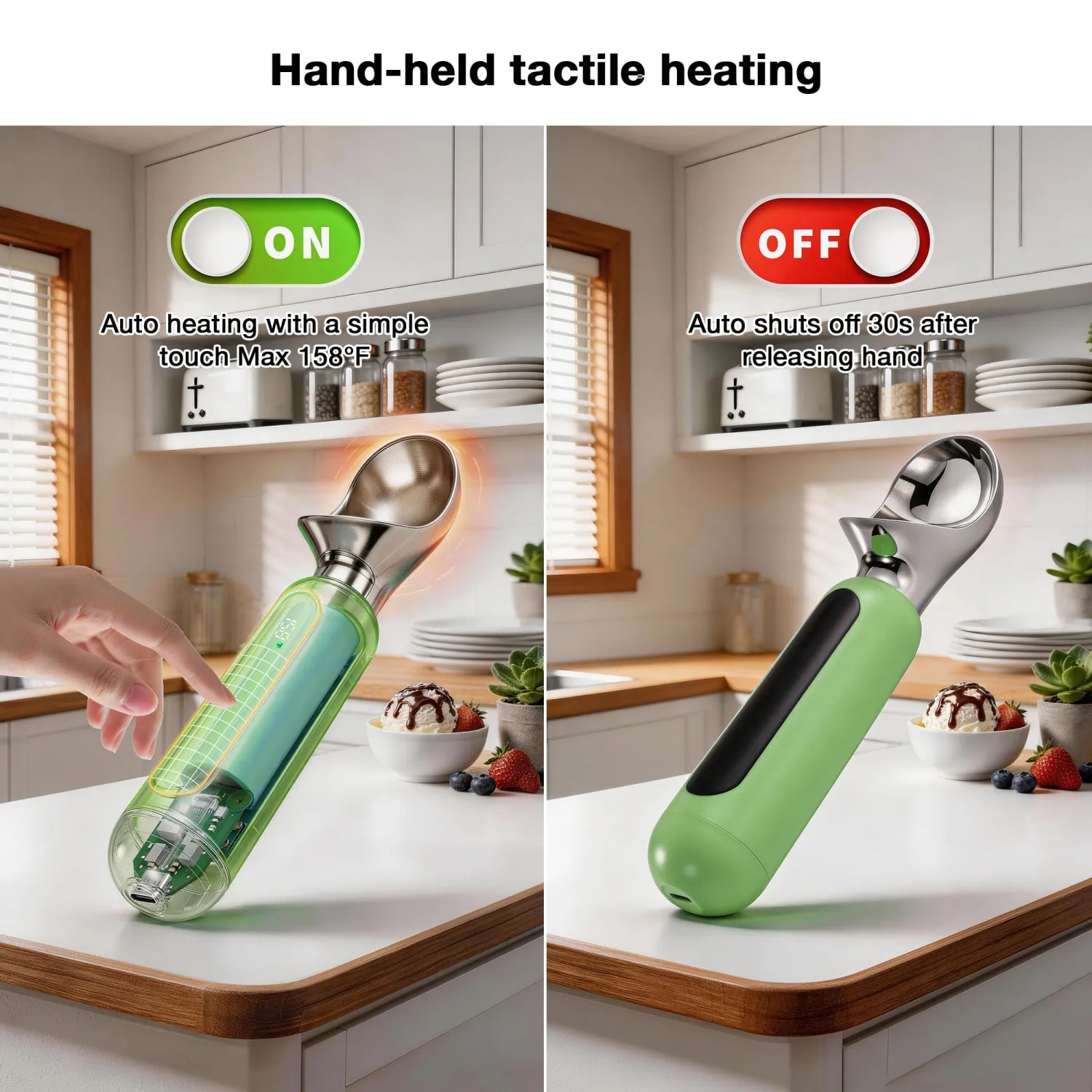 Heated Ice Cream Scoop, Rechargeable Electric Ice Cream Scoop with Touch-Activated Heating, LED Display, 2oz Scoop Head, Heats to 158°F, Auto Shut-Off, IP67 Rated for Hard Ice Cream & Gelato(Green)