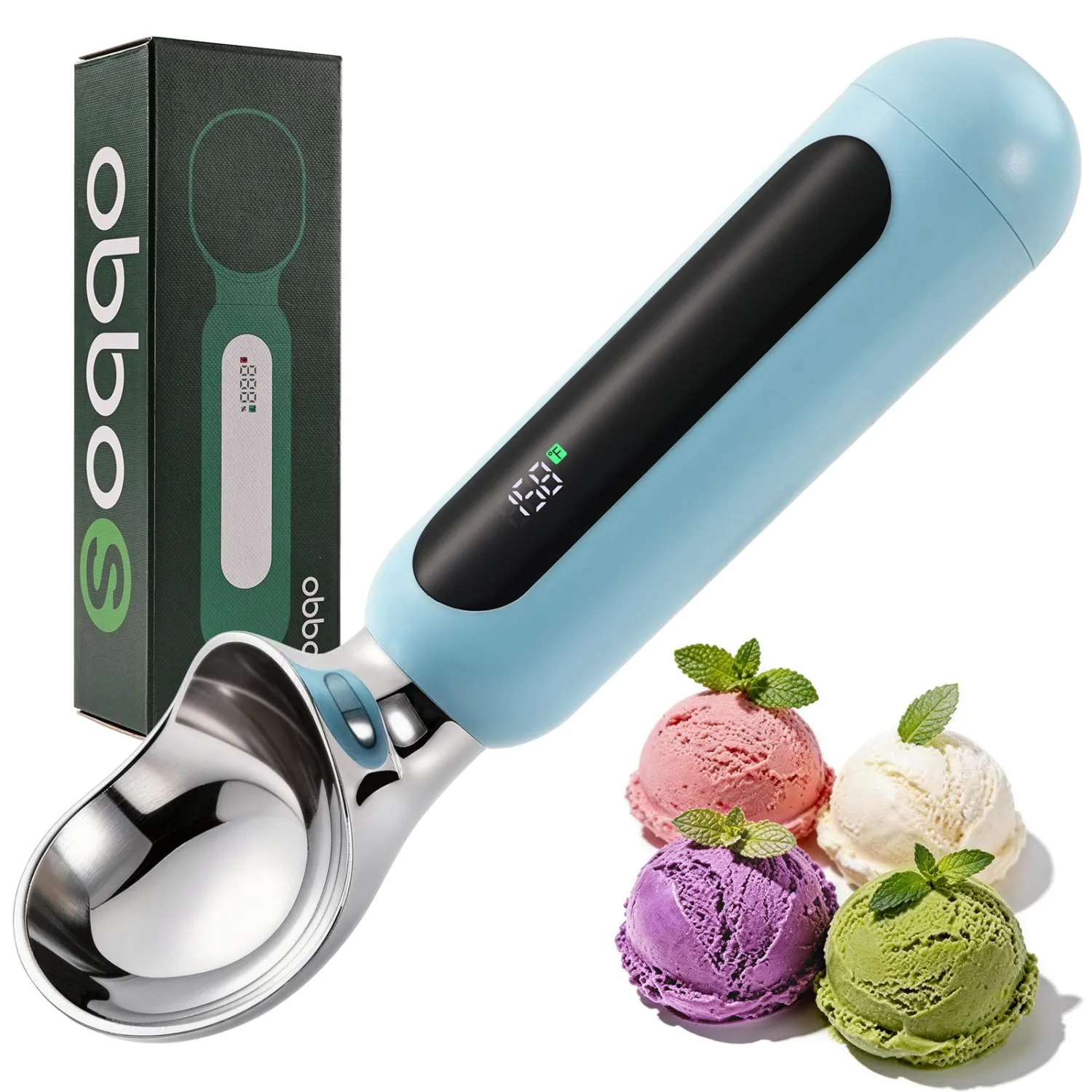 Heated Ice Cream Scoop, Rechargeable Electric Ice Cream Scoop with Touch-Activated Heating, LED Display, 2oz Scoop Head, Heats to 158°F, Auto Shut-Off, IP67 Rated for Hard Ice Cream & Gelato(Blue)