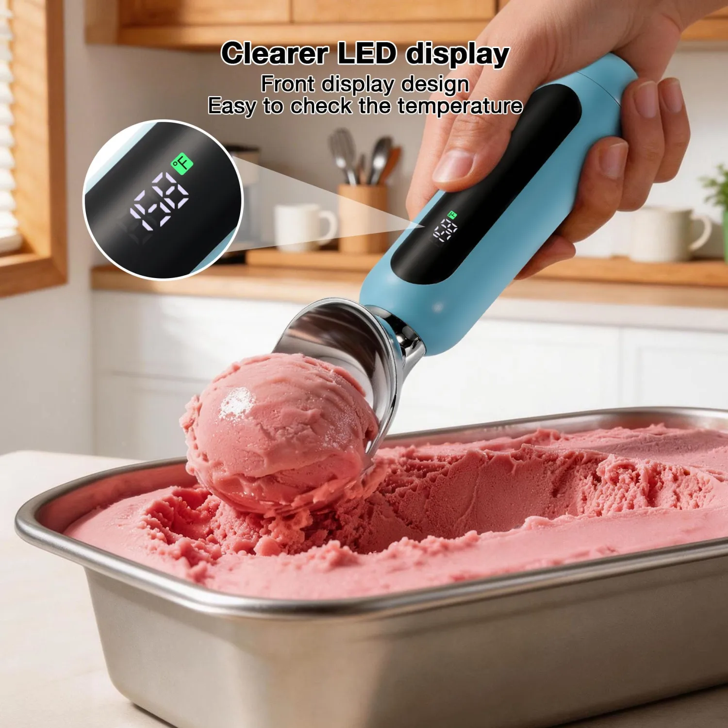Heated Ice Cream Scoop, Rechargeable Electric Ice Cream Scoop with Touch-Activated Heating, LED Display, 2oz Scoop Head, Heats to 158°F, Auto Shut-Off, IP67 Rated for Hard Ice Cream & Gelato(Blue)