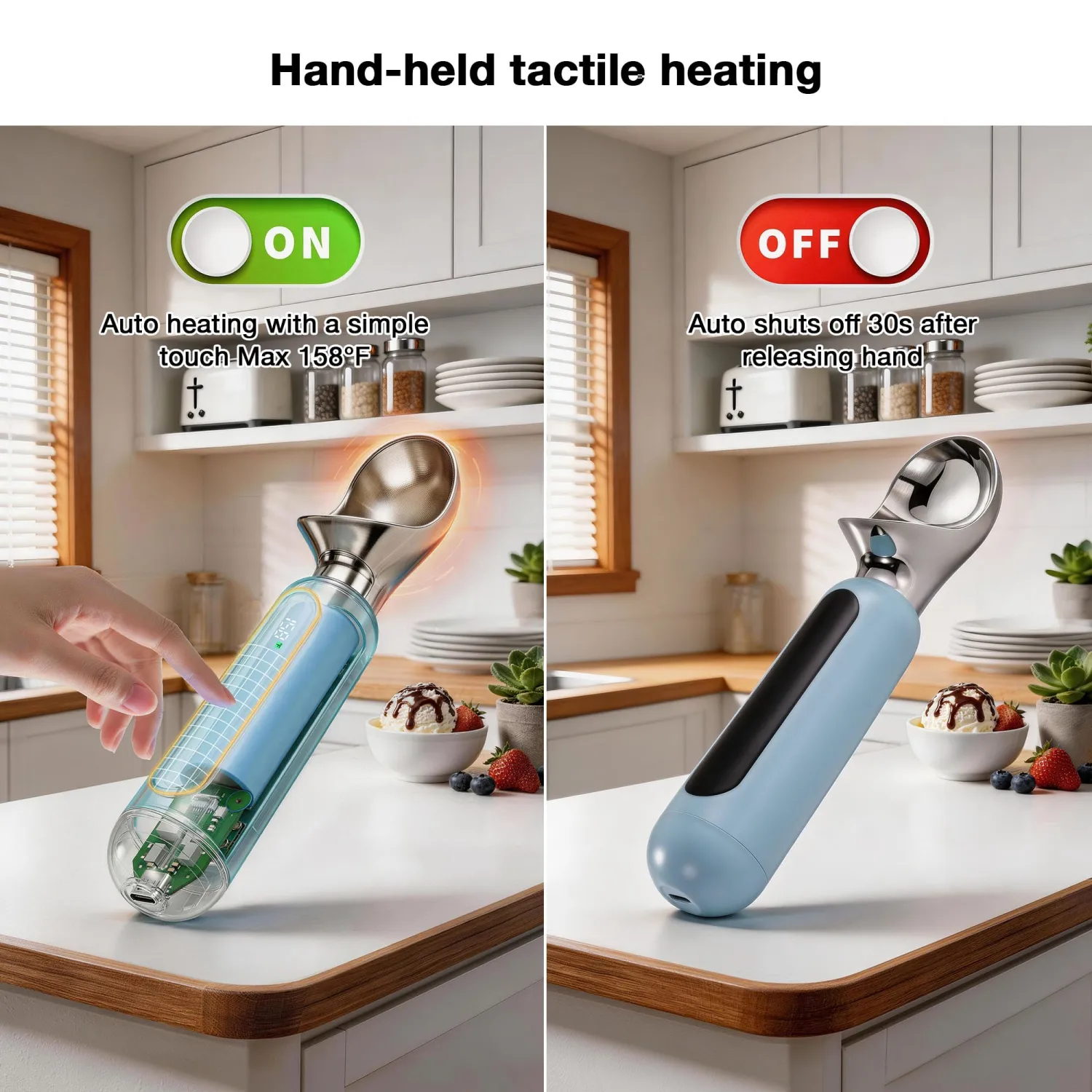 Heated Ice Cream Scoop, Rechargeable Electric Ice Cream Scoop with Touch-Activated Heating, LED Display, 2oz Scoop Head, Heats to 158°F, Auto Shut-Off, IP67 Rated for Hard Ice Cream & Gelato(Blue)