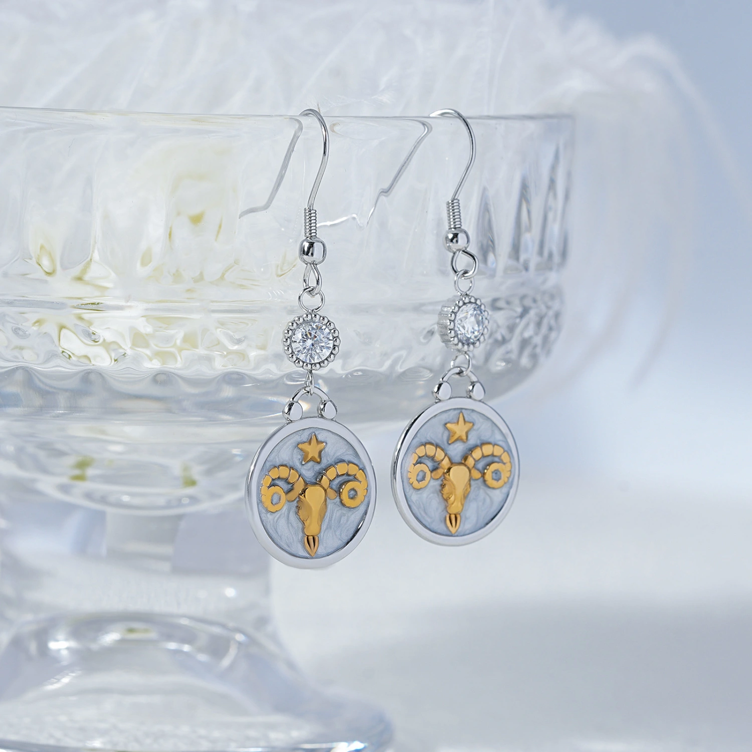 Aries Zodiac Sign Inlaid With White Cubic Zirconia Stud Earrings