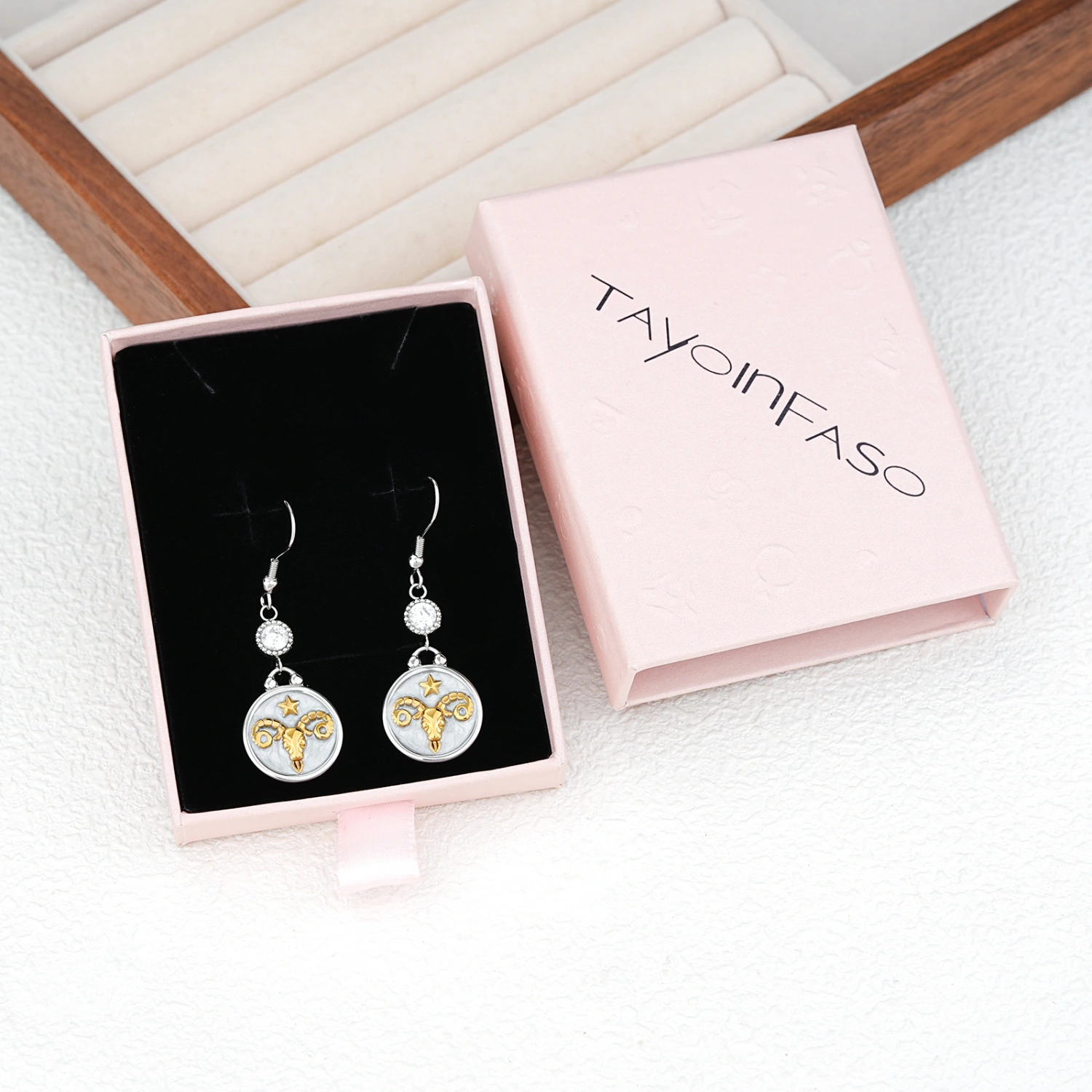 Aries Zodiac Sign Inlaid With White Cubic Zirconia Stud Earrings