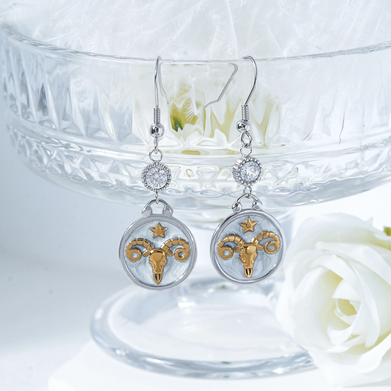 Aries Zodiac Sign Inlaid With White Cubic Zirconia Stud Earrings