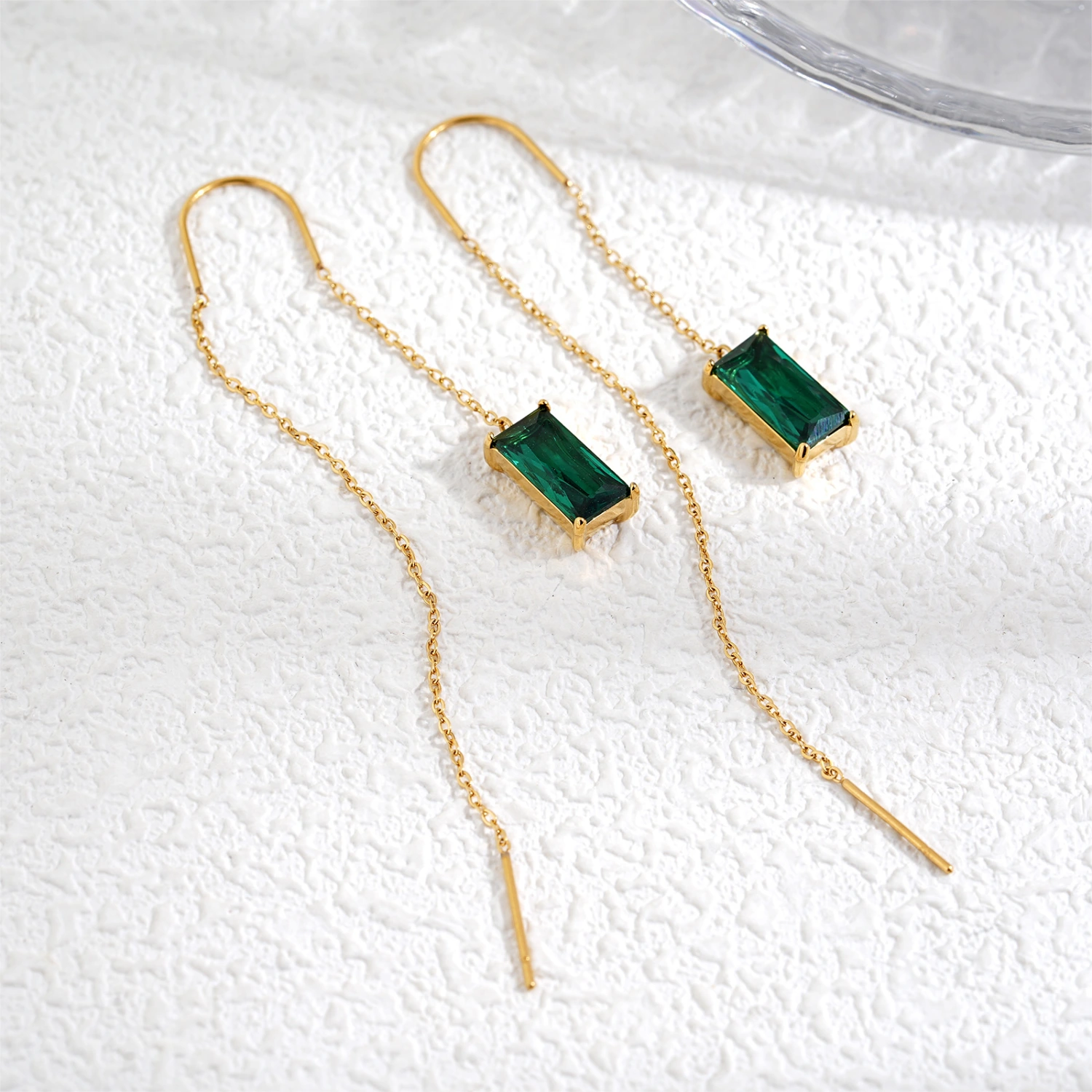 Green Zircon Stainless Steel Tassel Earrings