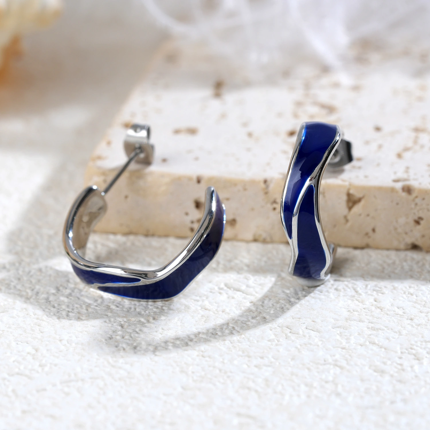 Wavy Blue Drip-glazed Twisted Hoop Earrings