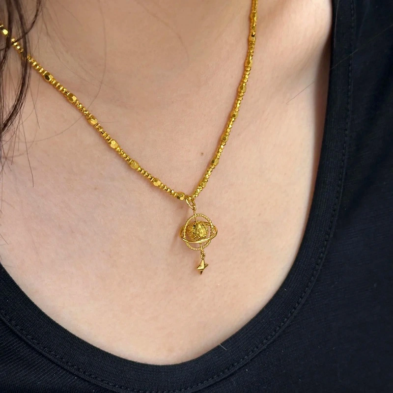 Womens Hammered Brushed Gold Bead Heart Necklace