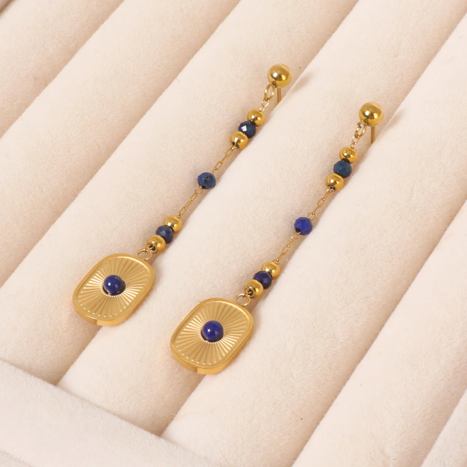 Lapis Lazuli Beaded Long Necklace Bracelet And Tassel Earrings