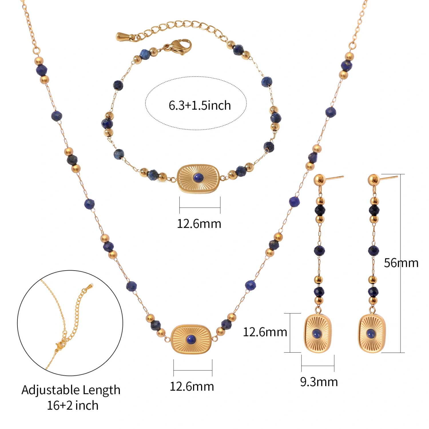 Lapis Lazuli Beaded Long Necklace Bracelet And Tassel Earrings