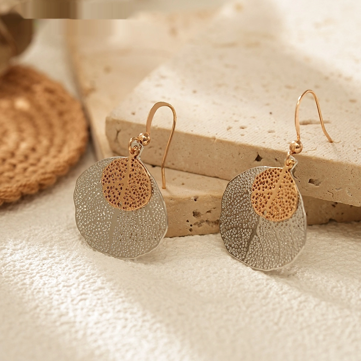 Golden And Steel-colored Hollow-out Leaf-shaped Irregular Earrings
