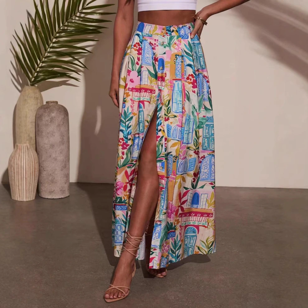 Beach Vacation Beach Dress Printed Floral Split Skirt With Pockets