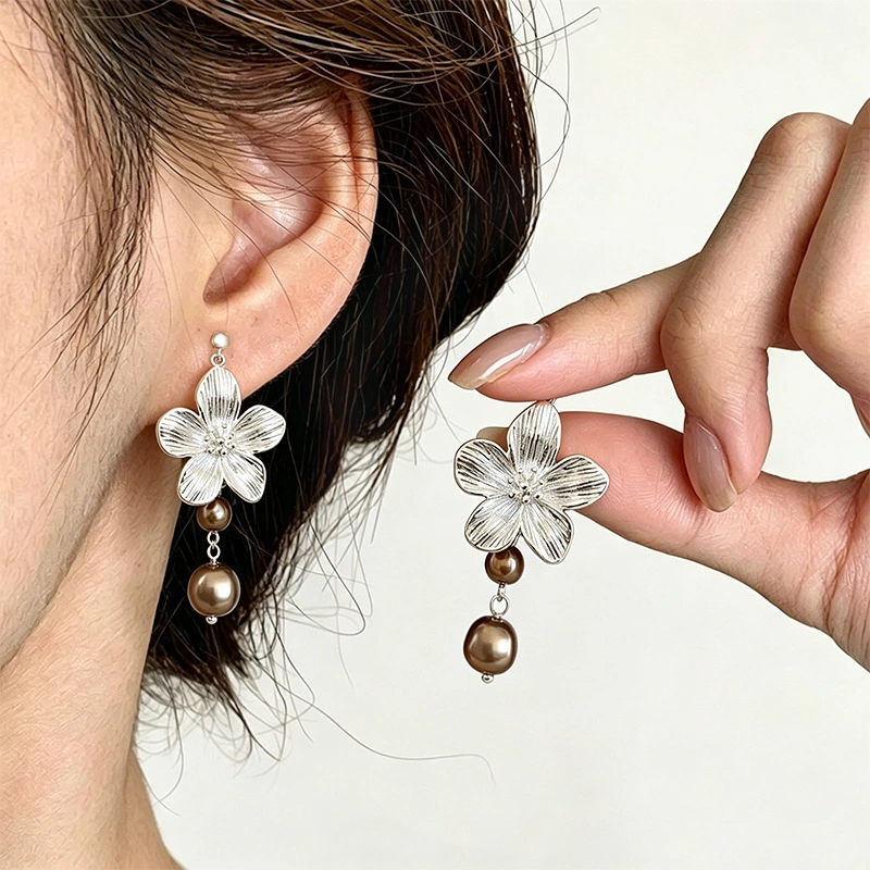 French Vintage Flower Pearl Earrings, Brown Tassel Gentle Daily Commute Ear Jewelry