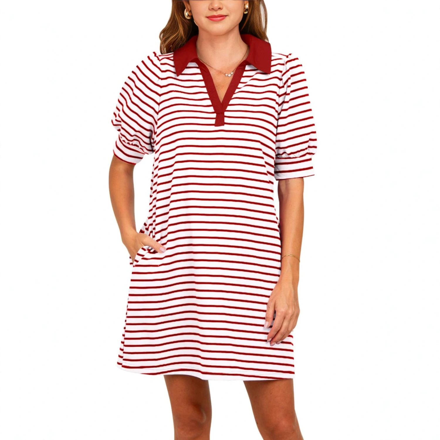 Womens Casual Striped Dress With A Lapel Collar And Pockets