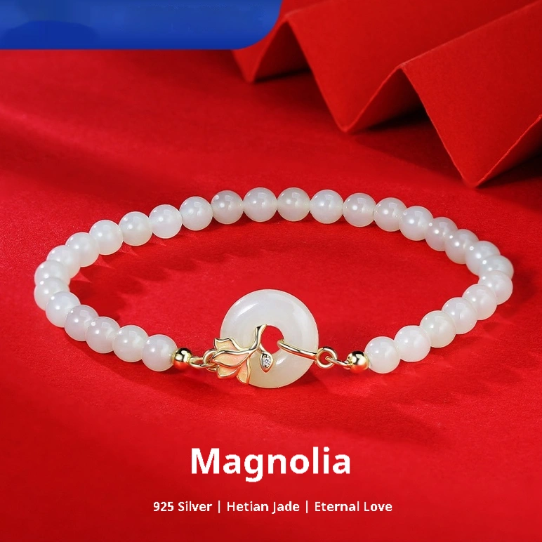 Orchid Hetian Jade S925 Sterling Silver Magnolia Round Beads Bracelet
