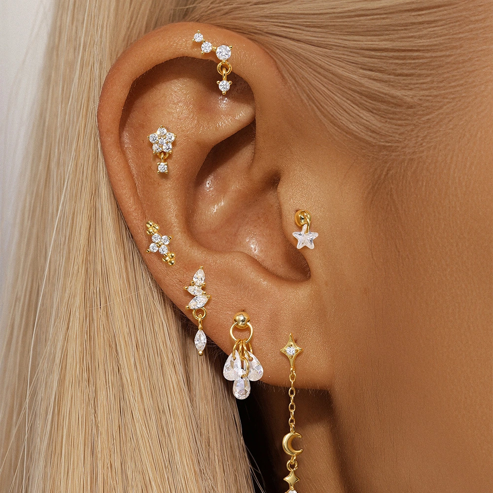 S925 Sterling Silver Moon Diamond Embedded Star Ear Rings