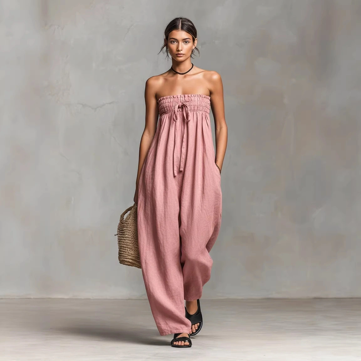 Women's Strapless Ruched Jumpsuit Summer Fashion Tie-up Loose Straight-leg Jumpsuit